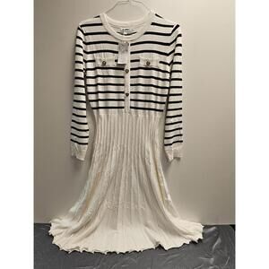 ETOSELL Women's Casual Long Sleeve Striped Midi Dress Crewneck Button XL